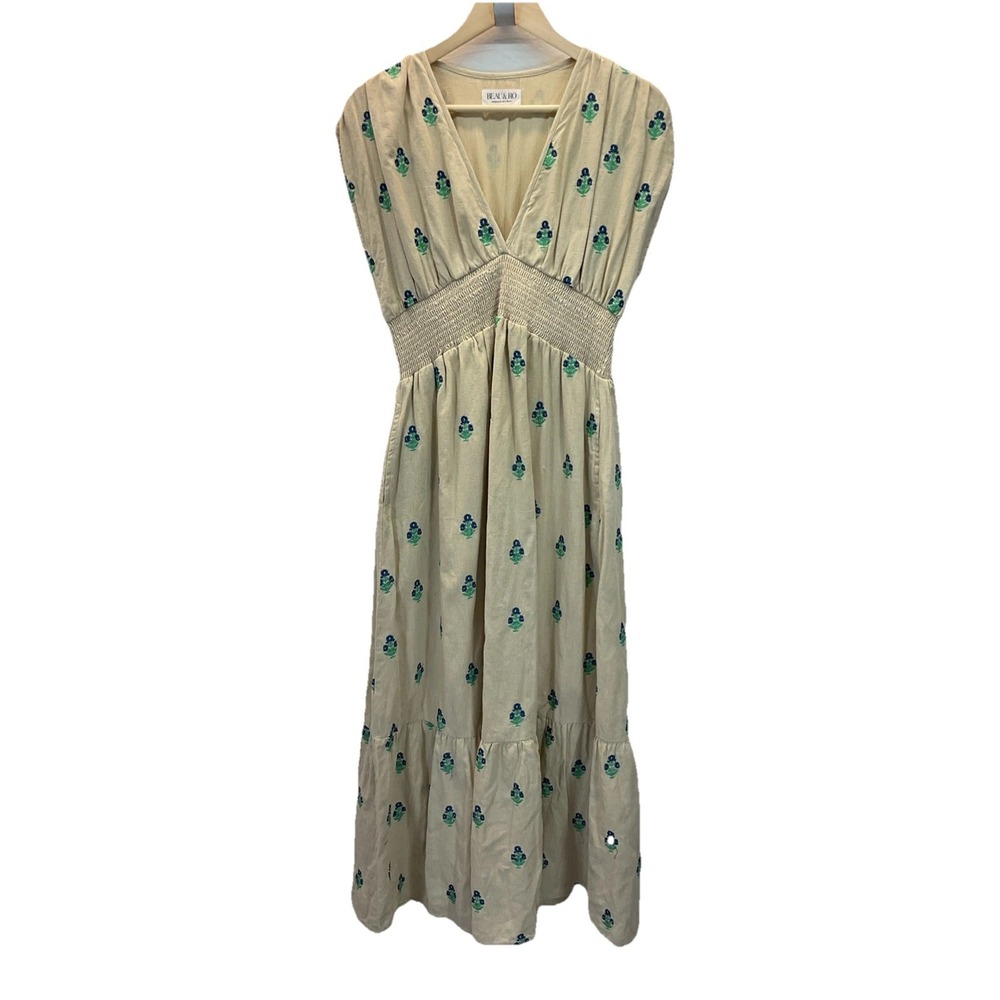 Beau & Ro Smocked Linen Embroidered Sleeveless Midi Dress‎ S Peasant Lagenlook